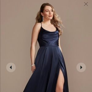David’s Bridal charmeuse cowl bridesmaid dress with lace-up back